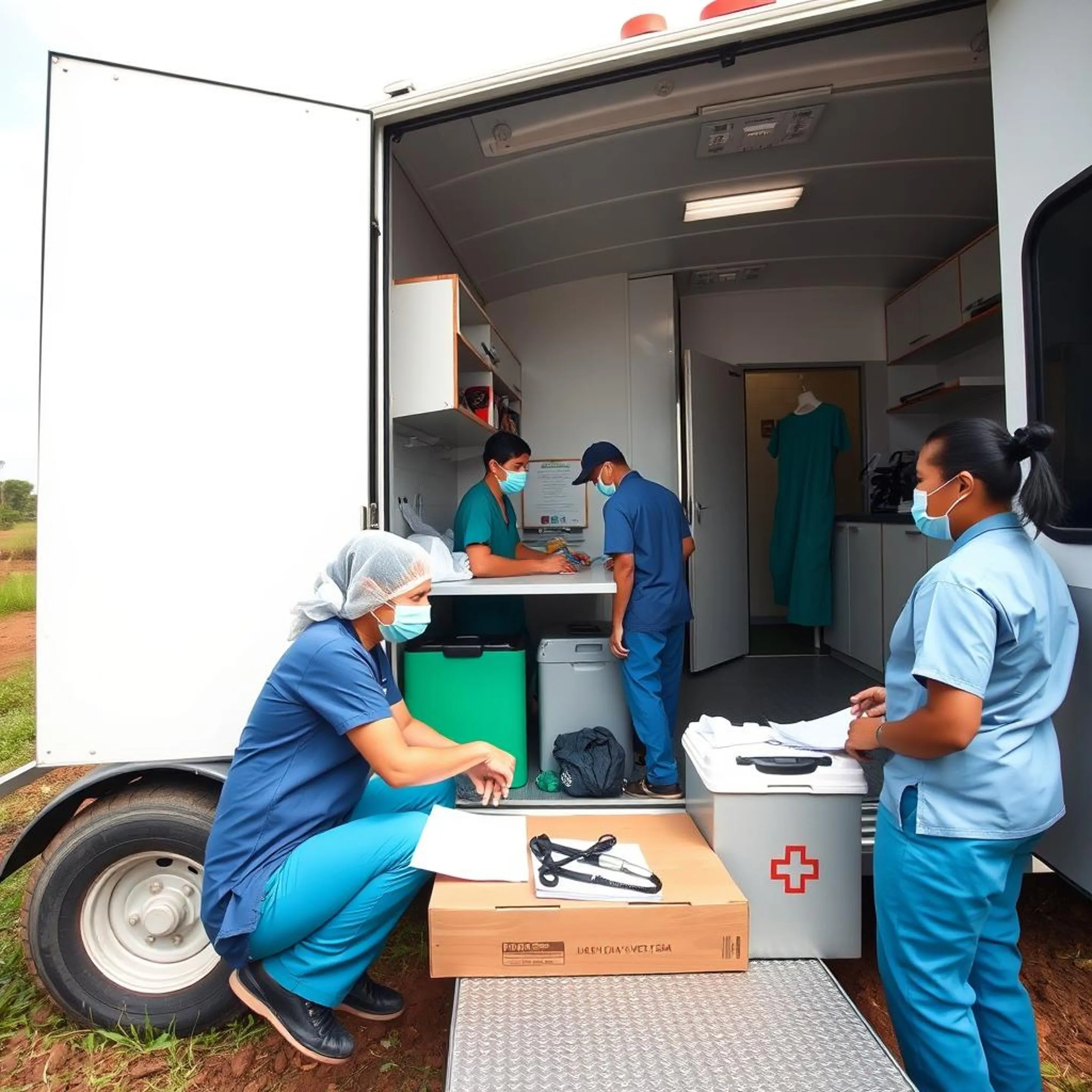 Ehrenamtliches Team bereitet eine mobile Klinik für den Einsatz vor